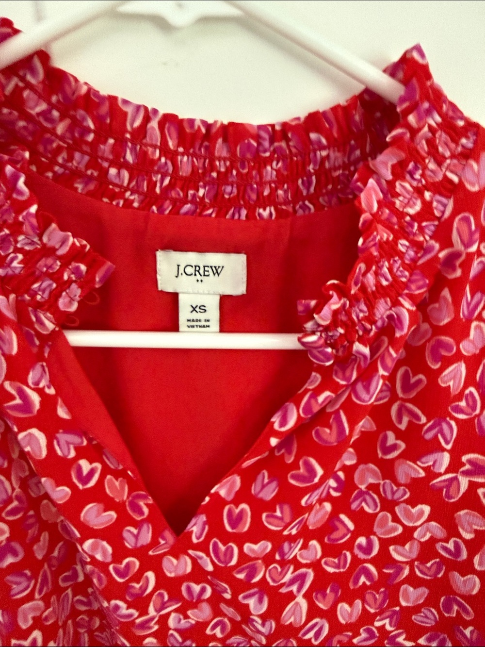 J. Crew Red-Pink Heart Print Ruffled Collar Blouse - Picture 4 of 4